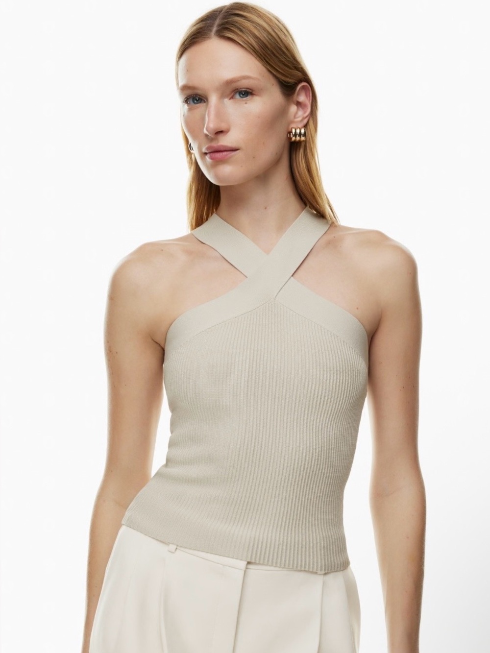 Aritzia Babaton Sculpt Knit Criss Cross Tank in Beige